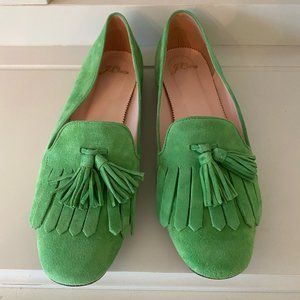 J.Crew green suede flats with fringe